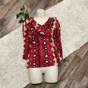 Lauren Ralph Lauren Small Petite Red Beige Aztec Southwestern Ruffle V-Neck Top